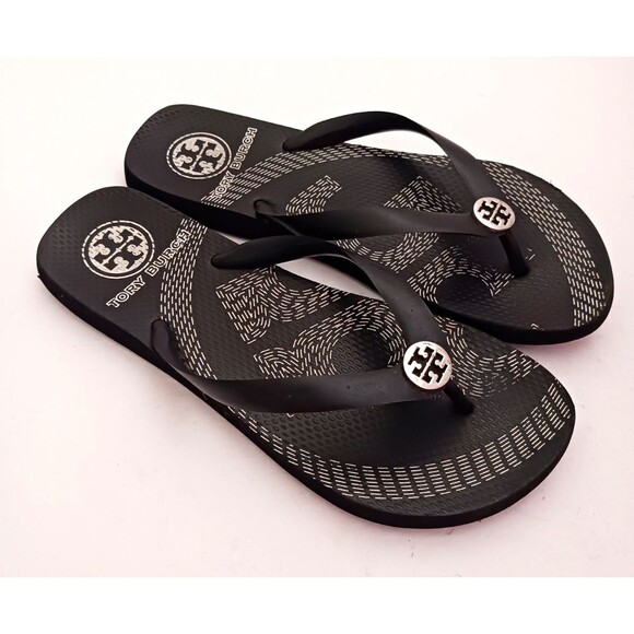 Tory Burch Emory Thong Flips Flops Blk/White Silver Logo 1/2" Straps Sz 8 - Picture 4 of 9